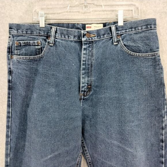 Wrangler Regular Fit Jeans Mens Size 38 x 30  Blue Straight Leg Distressed Denim - Picture 2 of 10